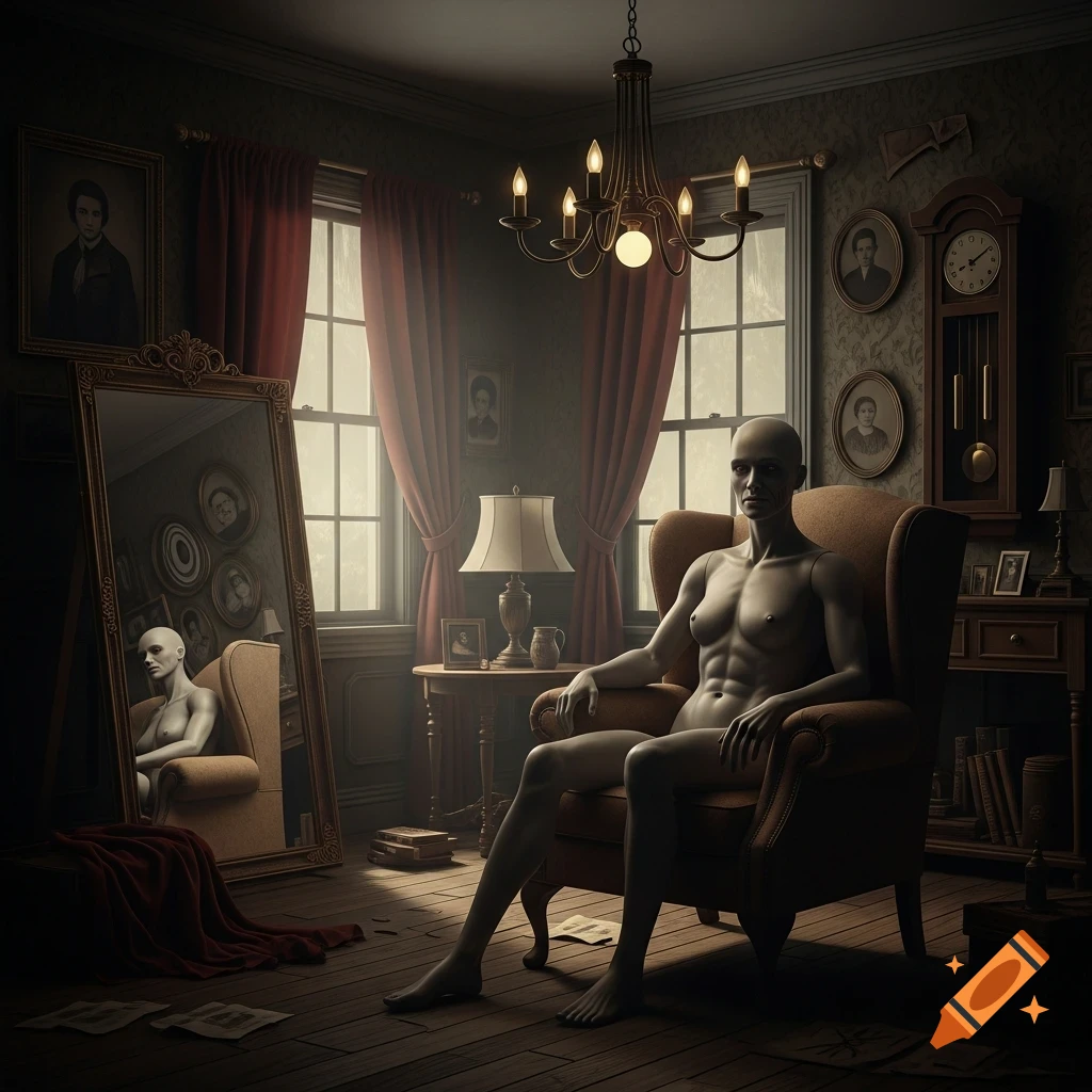 A bald, unclad mannequin with visible musculature sits in an armchair in a dimly lit, antique room, reflected in a large mirror.