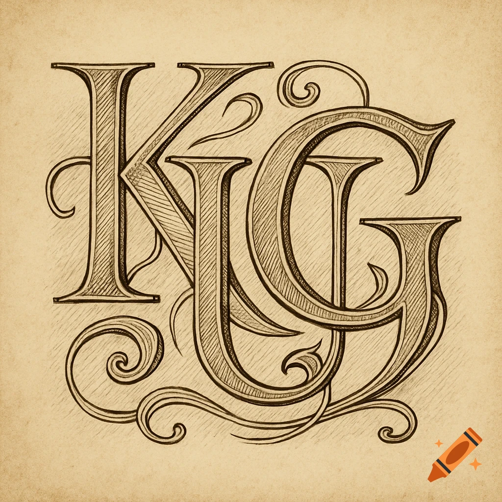 Vintage sketch of an intertwined monogram featuring the letters K, U, and G on textured paper.
