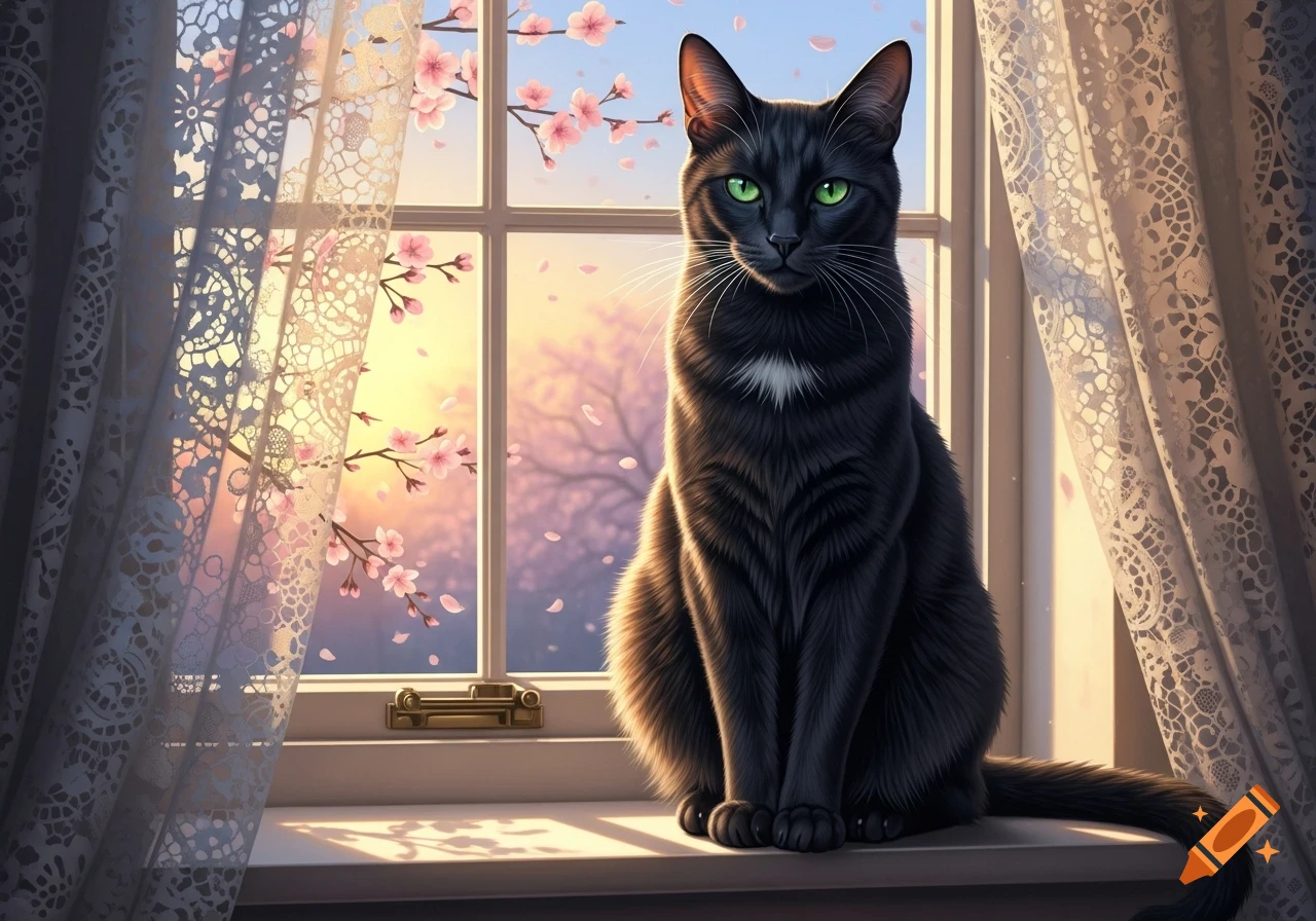 A sleek black cat with vivid green eyes sits on a sunlit windowsill, overlooking a spring scene with pink cherry blossoms and delicate lace curtains.