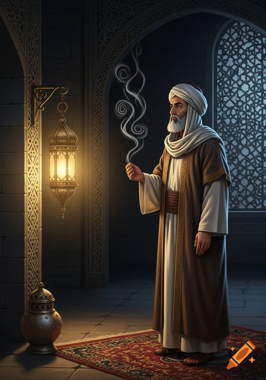 An old man in traditional Middle Eastern attire and a turban, holding an object emitting smoke, stands in a dimly lit, ornate room with a glowing lantern and rug.