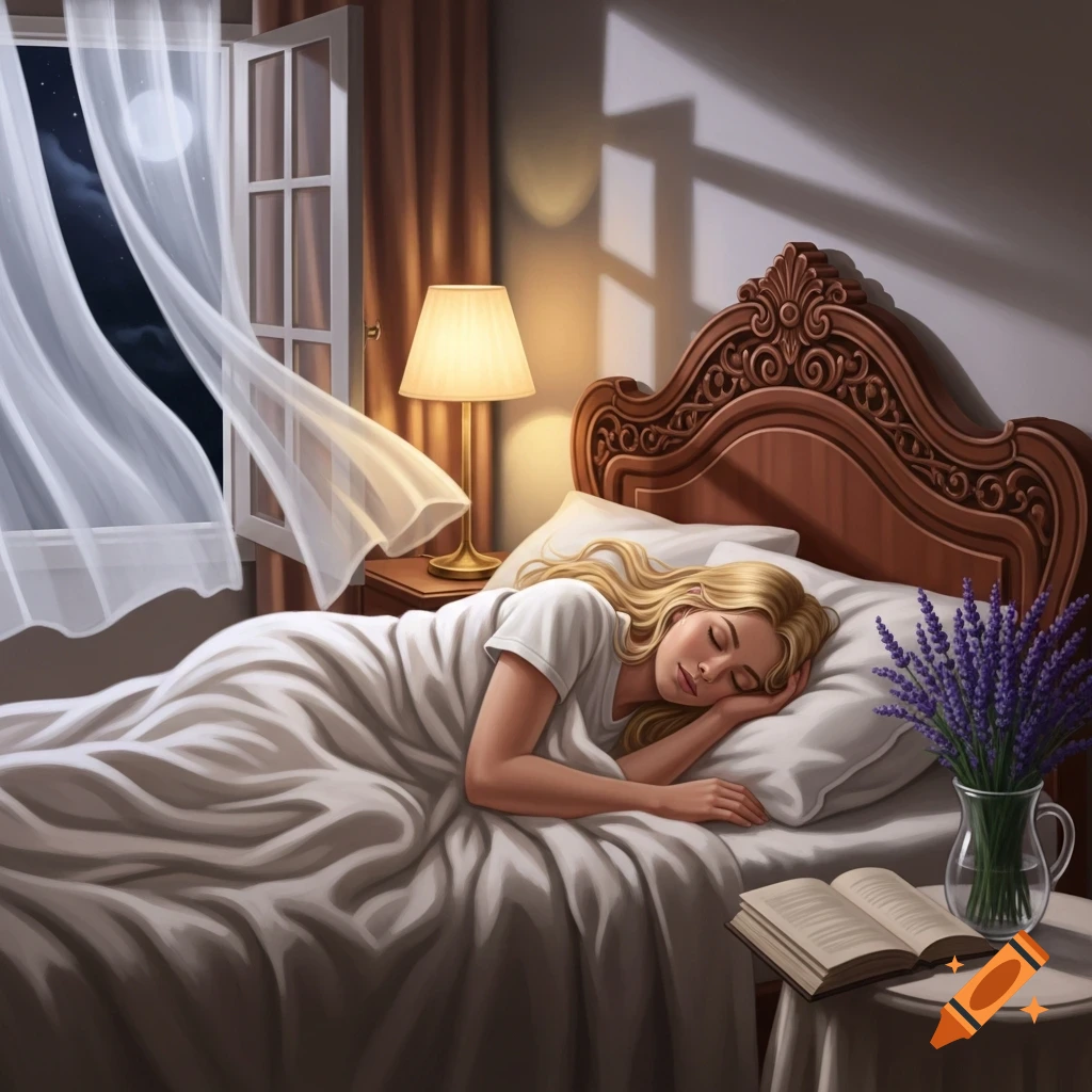 Blonde woman sleeps peacefully in a cozy bed at night, moonlight streams through an open window, with lavender and a book on the nightstand.