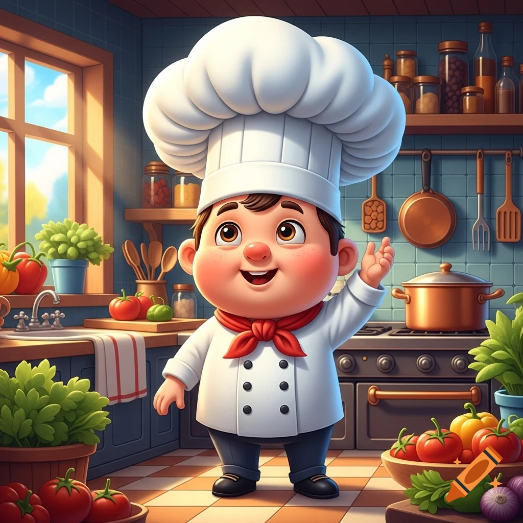 Happy, chubby cartoon chef in a white uniform and tall hat stands in a bright kitchen with fresh vegetables.