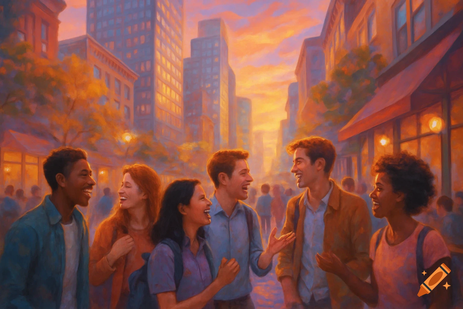 Diverse group of young adults laughing and talking on a city street at sunset, painted in an impressionistic style.