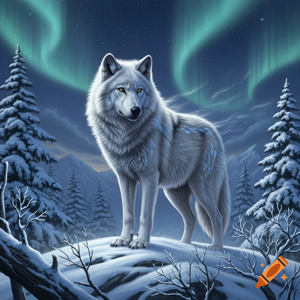 A majestic white wolf with faint blue patterns on its fur stands on a snowy hill under the aurora borealis in a winter forest.
