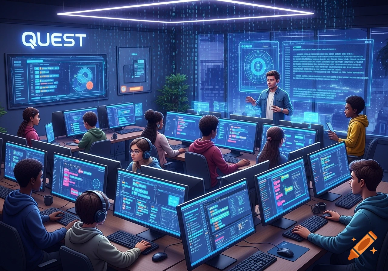 Students and a teacher in a high-tech classroom, coding on multiple computers under blue ambient lighting.