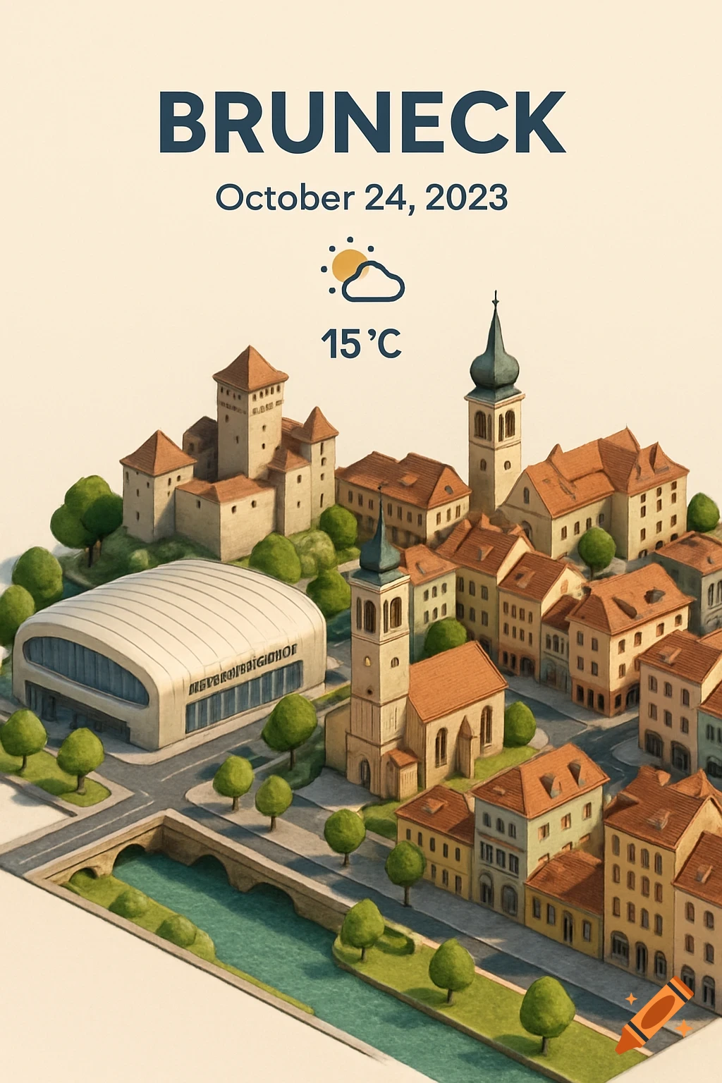 An isometric miniature cartoon scene of Bruneck with buildings, a river, and trees. Text at the top shows "BRUNECK," "October 24, 2023," and "15 °C" with a sun and cloud icon.