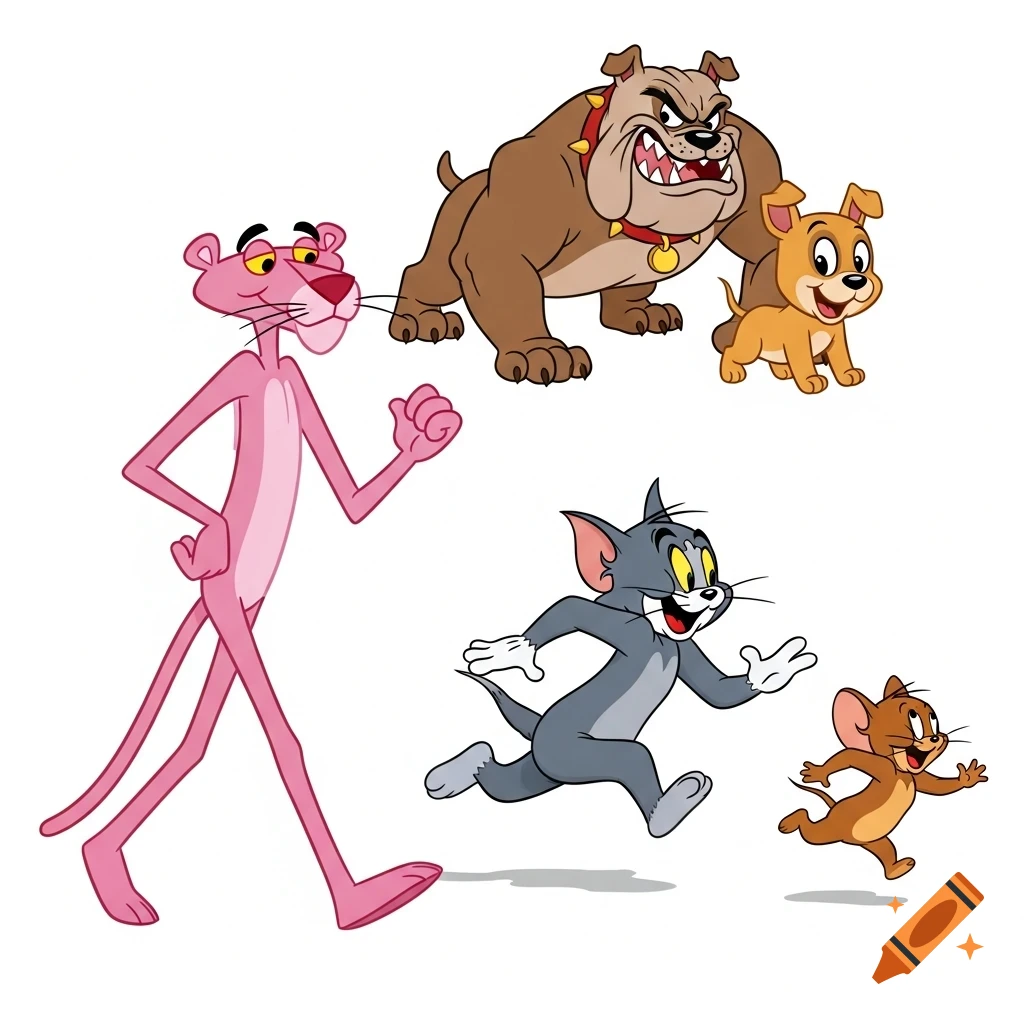 Pink Panther walking, Tom cat chasing Jerry mouse, and two cartoon dogs (a bulldog and a puppy) on a white background in a 2D animation style.