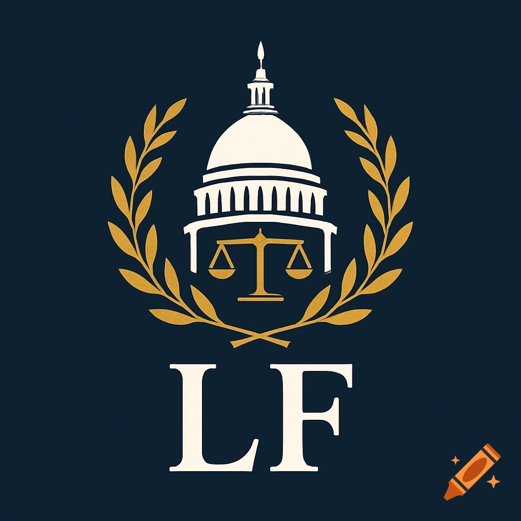 Logo featuring a white capitol dome and golden scales of justice within a laurel wreath, above white letters 'LF' on dark blue.