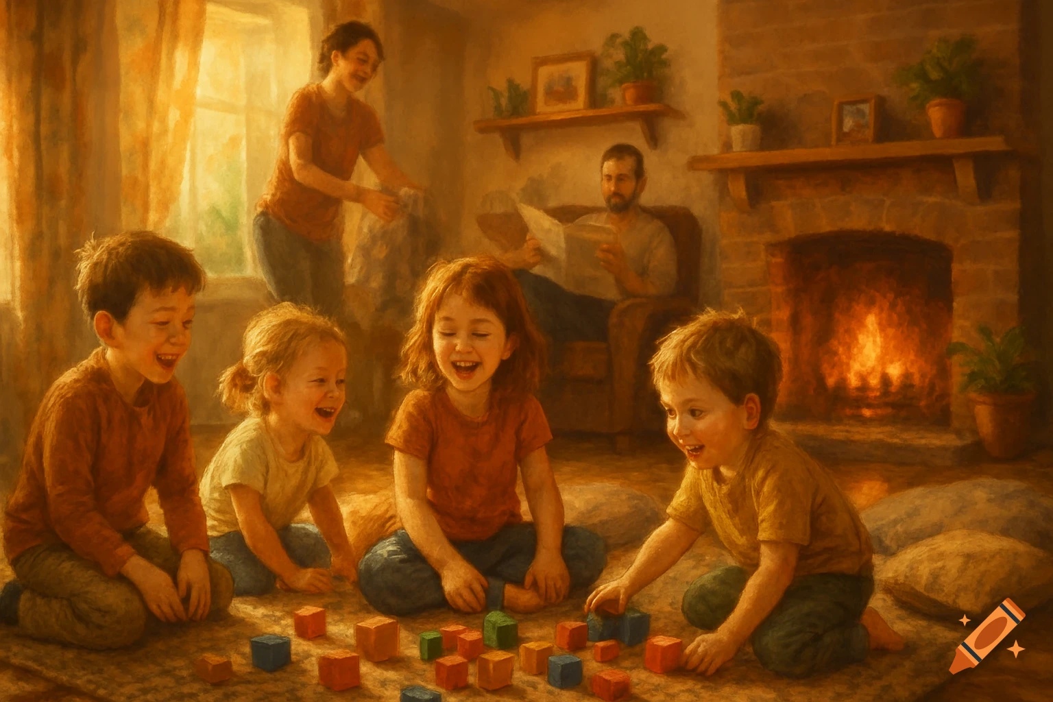 Painterly scene of a family in a cozy living room, children playing blocks while parents relax by a fireplace.