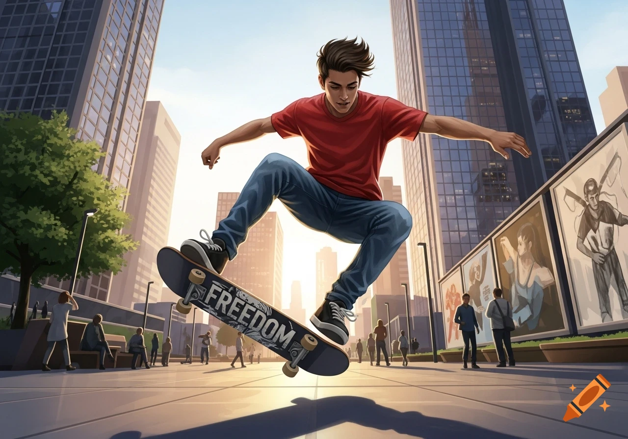 An illustrative style image of a young man mid-air on a skateboard with "FREEDOM" written on it, performing a trick in a sunny city street with tall buildings.