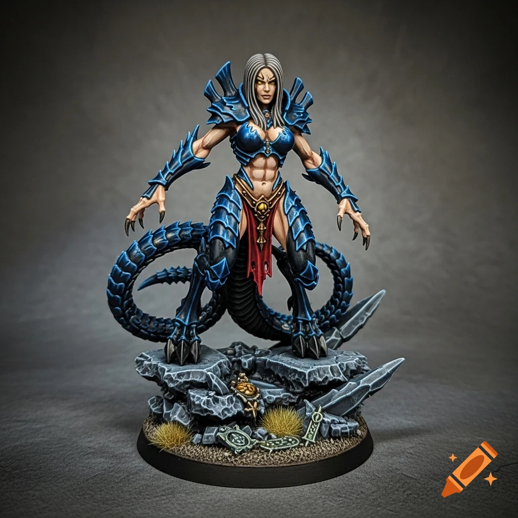 A tabletop miniature of a female humanoid-Tyranid hybrid with grey hair, blue armor, and a segmented tail, standing on a rocky base.