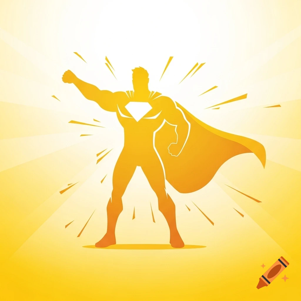 Yellow silhouette of a muscular superhero in a cape with a diamond emblem, radiating light against a bright background.