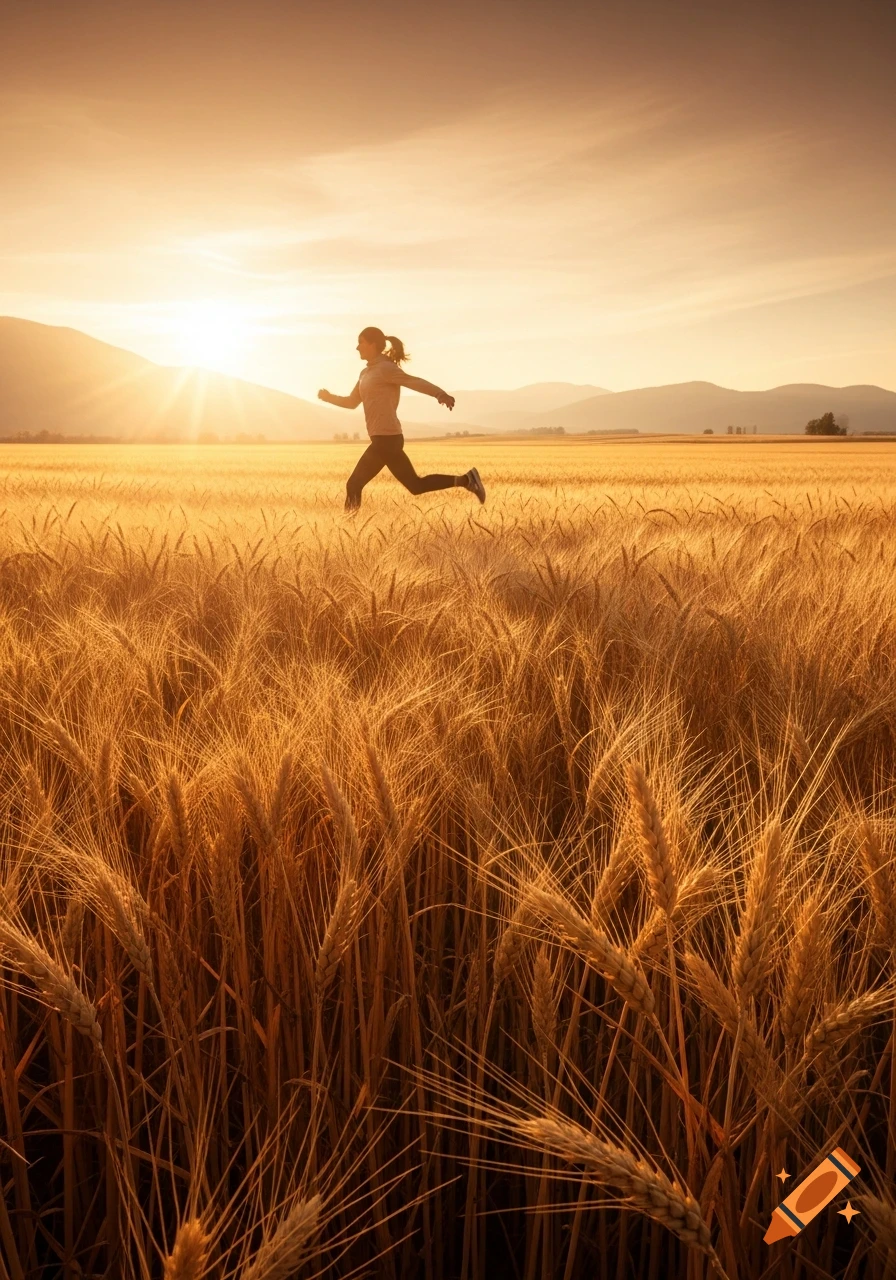 A person runs through a golden wheat field at sunset, with mountains in the background.