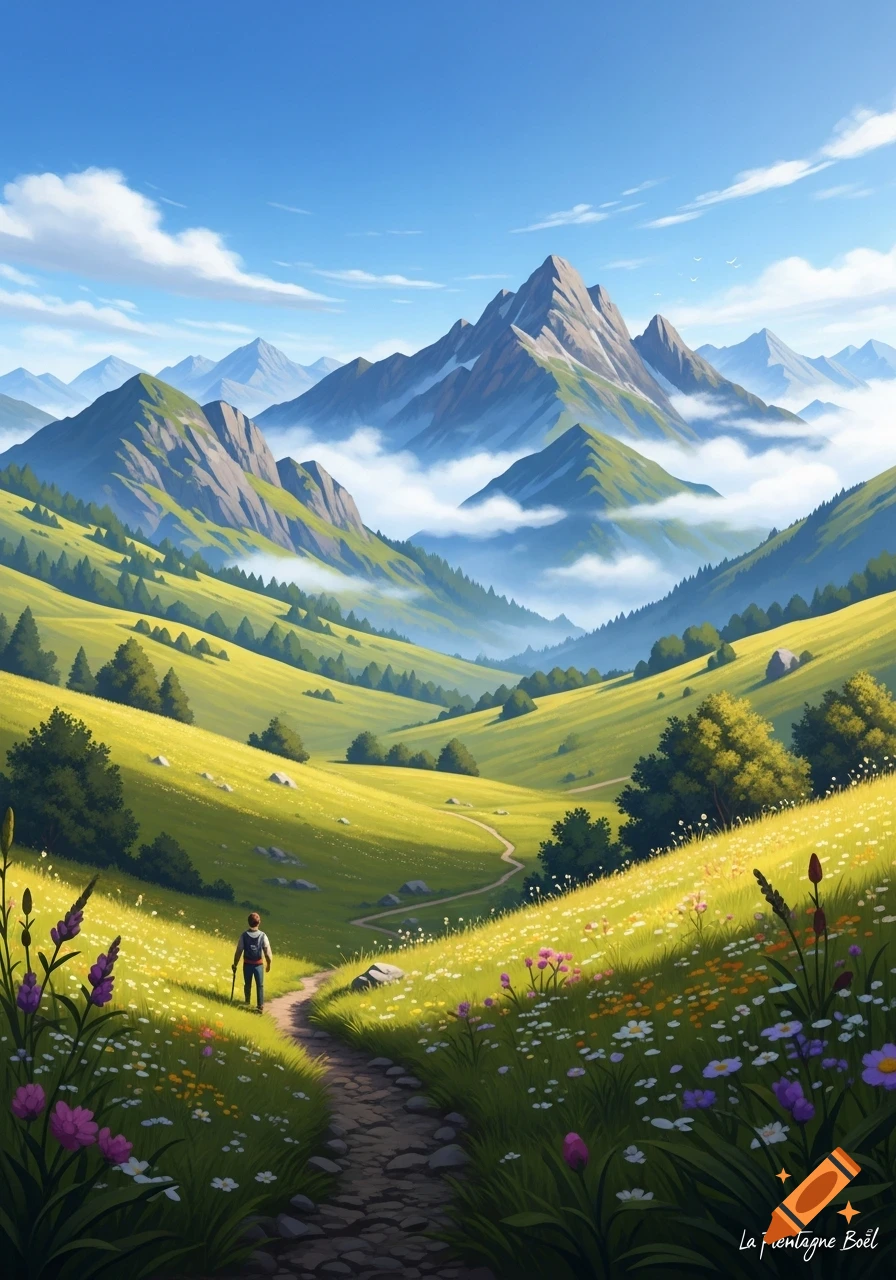 A hiker walks a path through a vibrant green valley with wildflowers, towards mist-shrouded mountains under a clear blue sky, in a stylized art style.