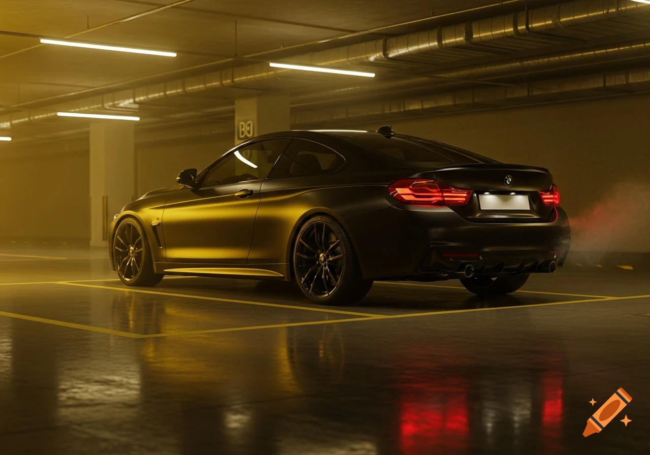 A matte black BMW 4 Series car is parked in a dimly lit underground garage with yellow accent lighting and reflections on the wet floor, seen from the rear three-quarter view.