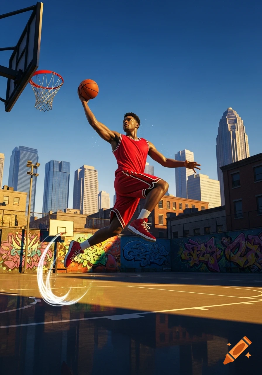 A male basketball player in a red jersey dunks a basketball on an urban court with graffiti walls and city skyscrapers under a blue sky.