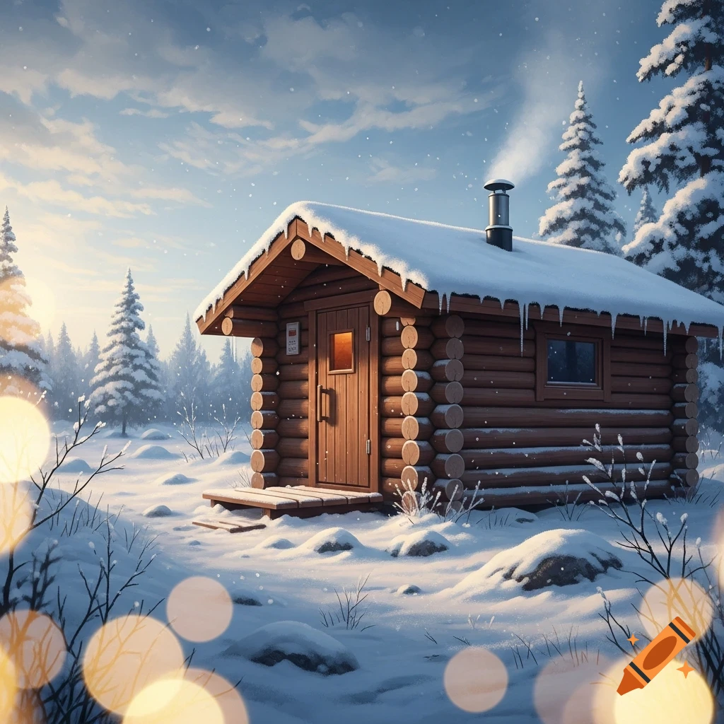 A cozy wooden cabin covered in snow in a winter forest, with warm light from a window and soft bokeh.