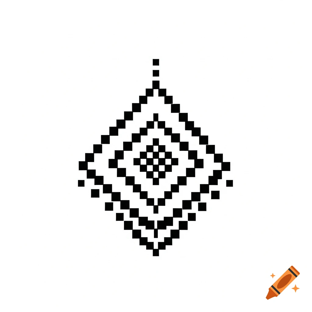 A pixel art geometric pattern on a white background, composed of black squares forming nested diamond shapes.