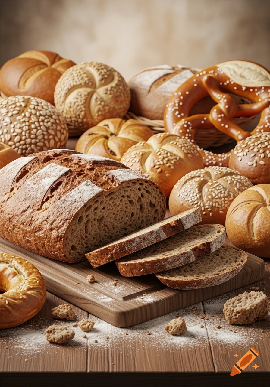 Photorealistic close-up of a variety of fresh baked goods including sliced dark bread, rolls, and pretzels on a flour-dusted wooden table.