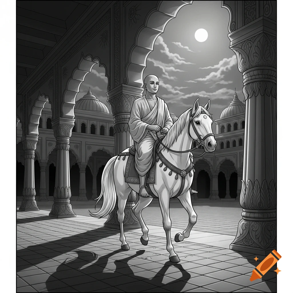 Siddhartha Gautama on a white horse, leaving a palace at night under moonlight. Detailed black and white historical style.