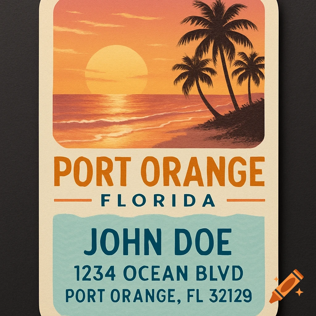 Vintage style travel poster with a sunset over a beach with palm trees, featuring text for Port Orange, Florida, and an address.