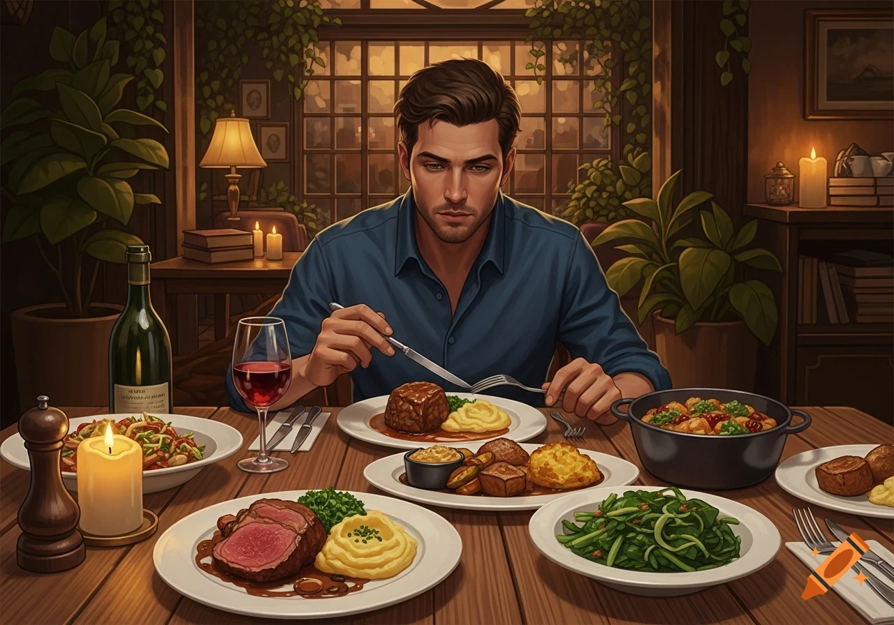 A man in a blue shirt sits at a candlelit wooden table, eating a large meal with multiple dishes including meat and vegetables, in a cozy restaurant setting.