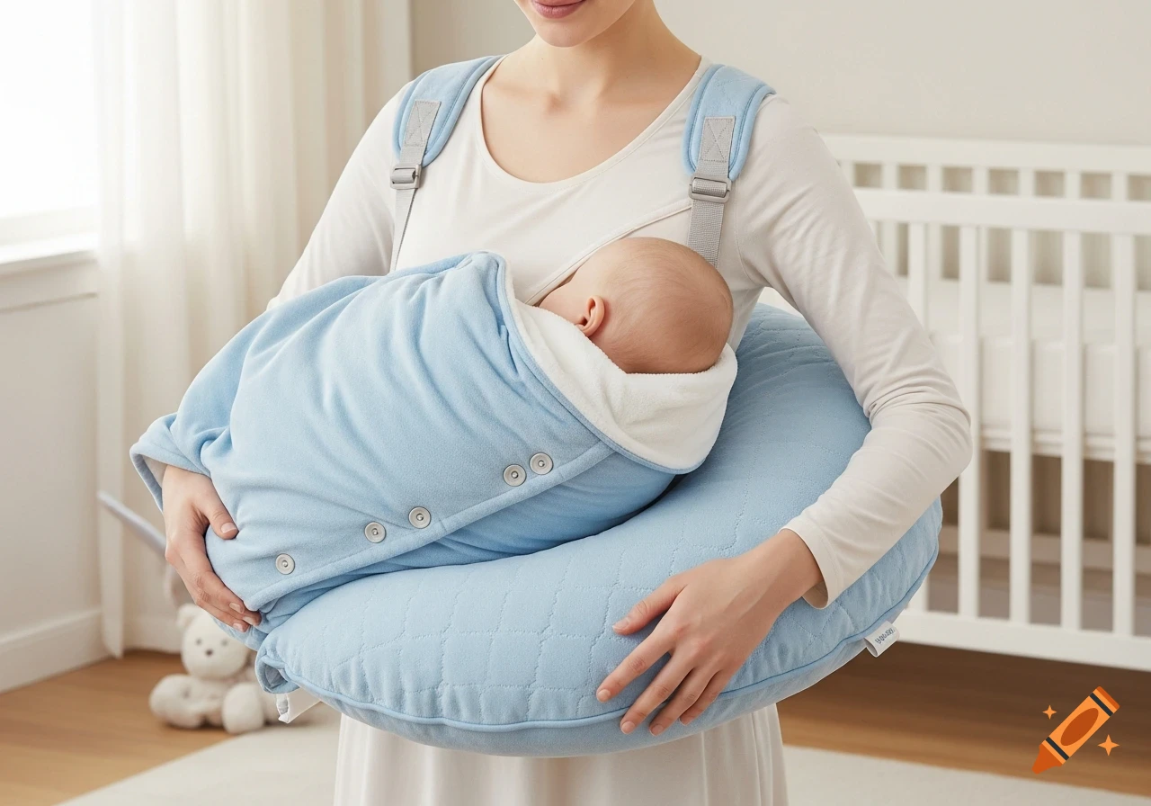 Close-up of a woman holding a baby wrapped in a blue blanket, supported by a blue feeding pillow with straps.