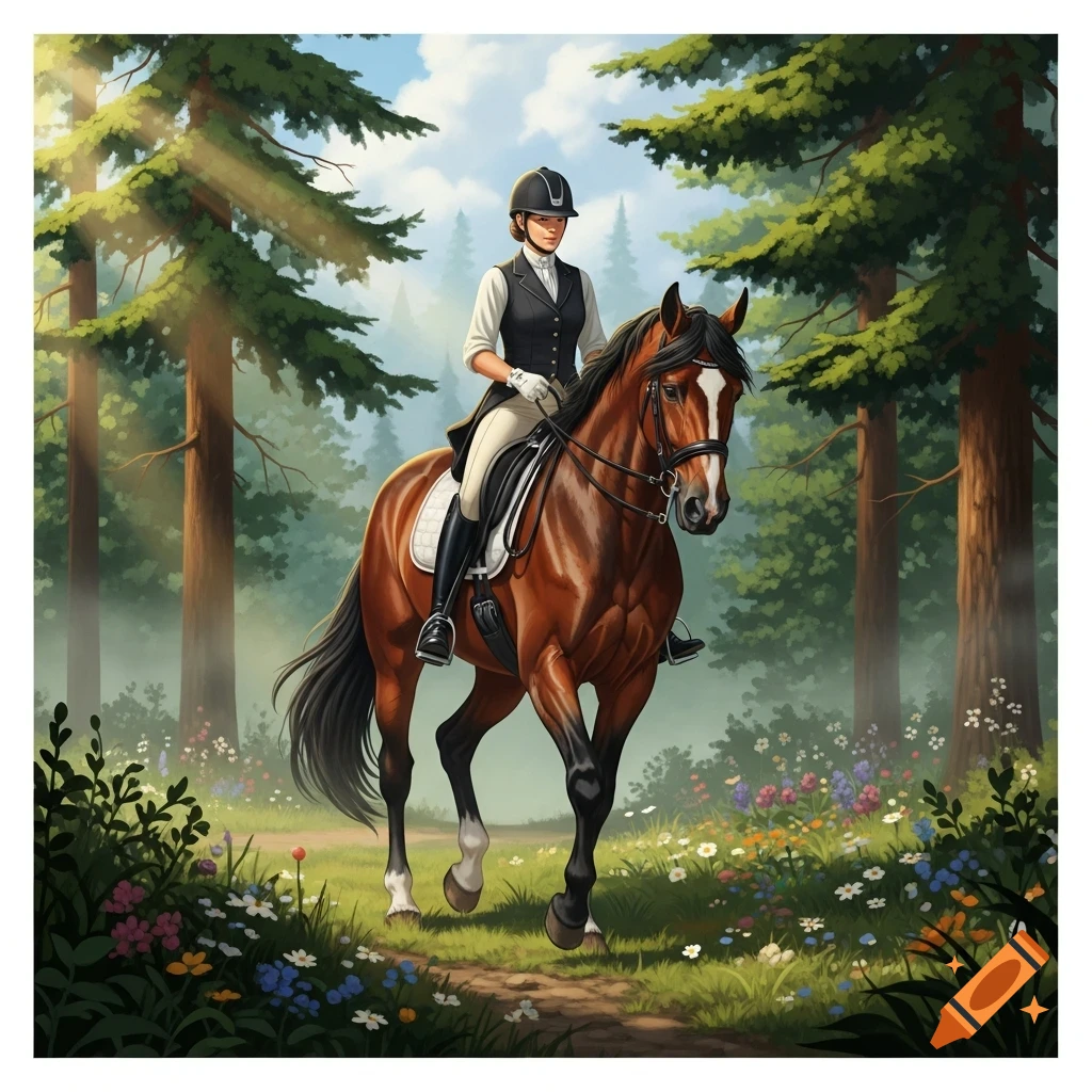 An illustrated woman in riding gear on a brown horse, walking through a sunlit forest path with wildflowers.