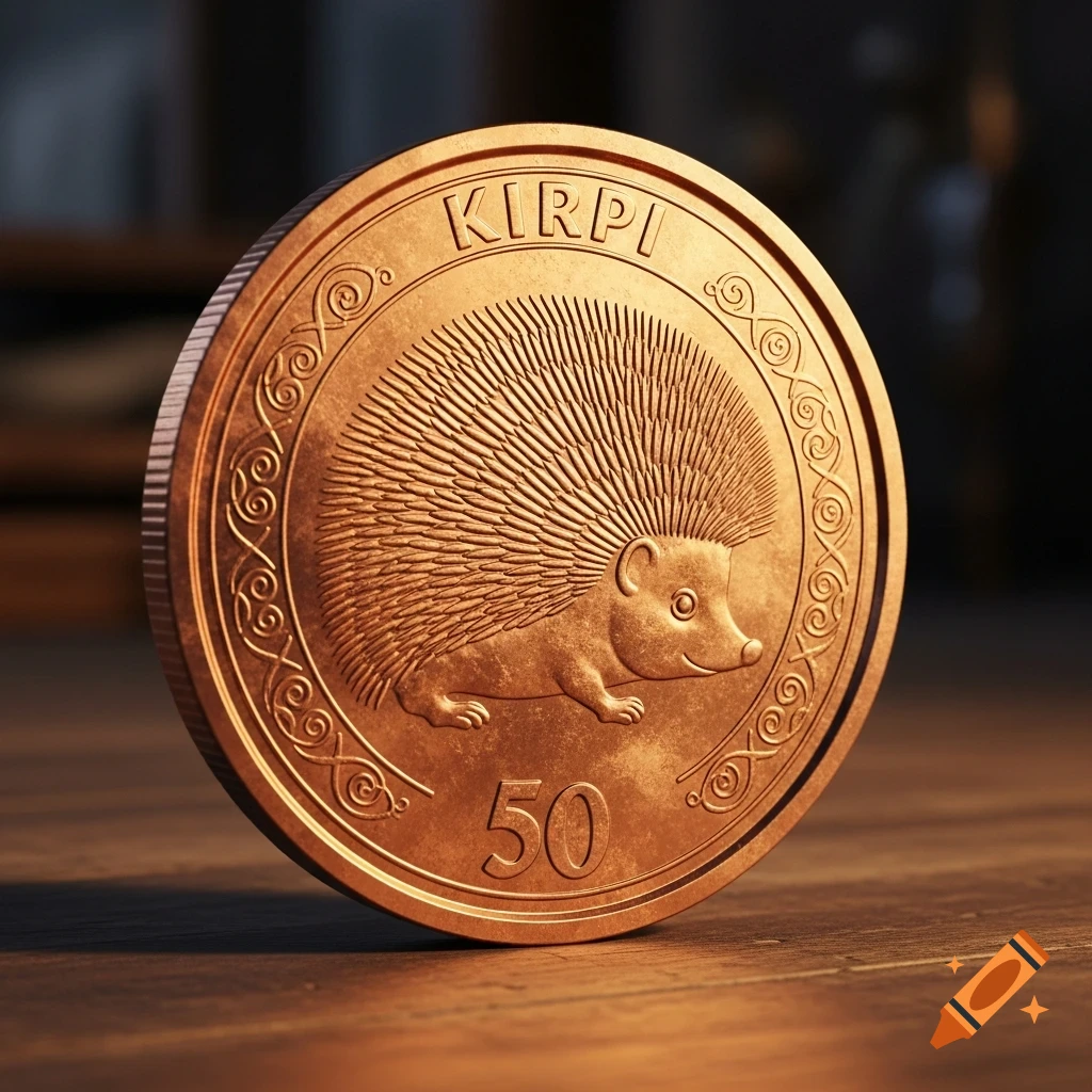 Close-up of a copper coin featuring an embossed hedgehog, the word 'KIRPI', and the number '50' on a wooden surface.