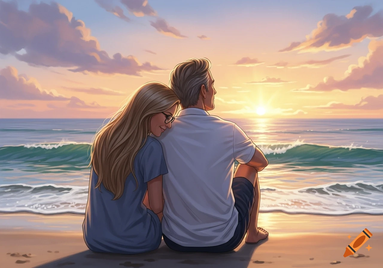 An illustrated couple sits on a beach at sunset, with the woman leaning on the man's shoulder.