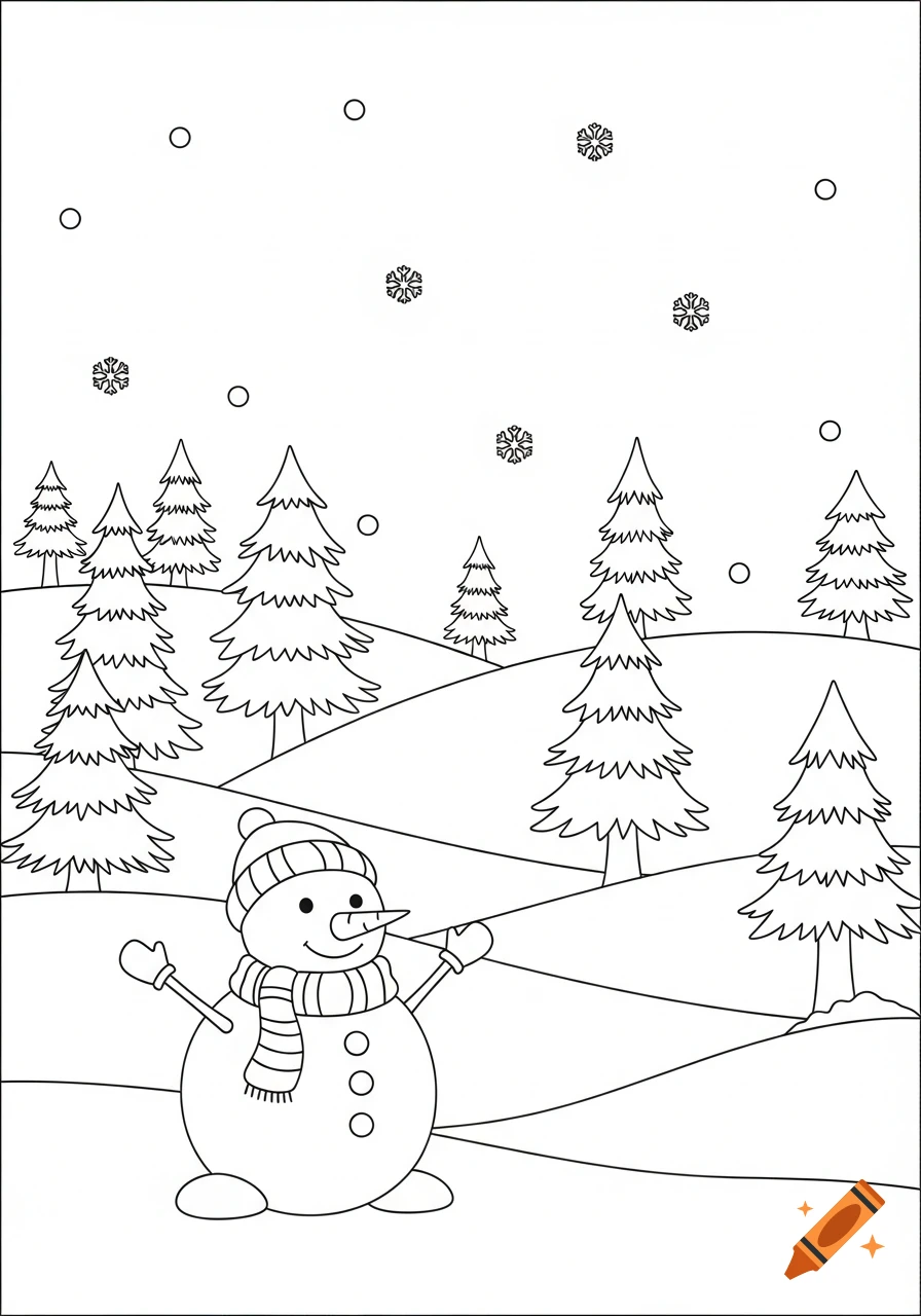 A black and white line art coloring page of a snowman wearing a striped hat and scarf, standing in a snowy landscape with pine trees and falling snowflakes.
