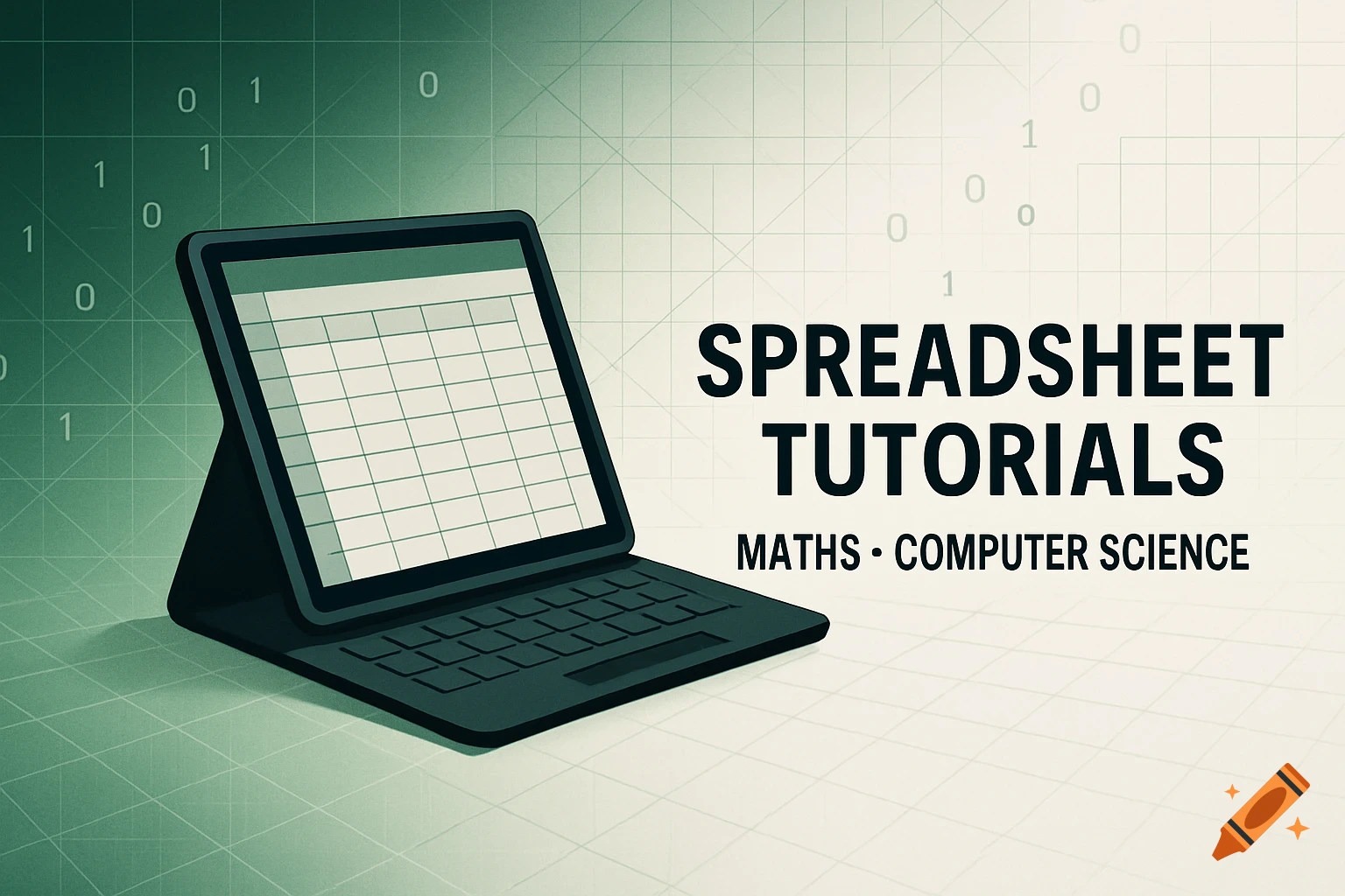 Illustration of a laptop displaying a spreadsheet, next to text 'SPREADSHEET TUTORIALS MATHS COMPUTER SCIENCE' on a green grid with binary numbers.