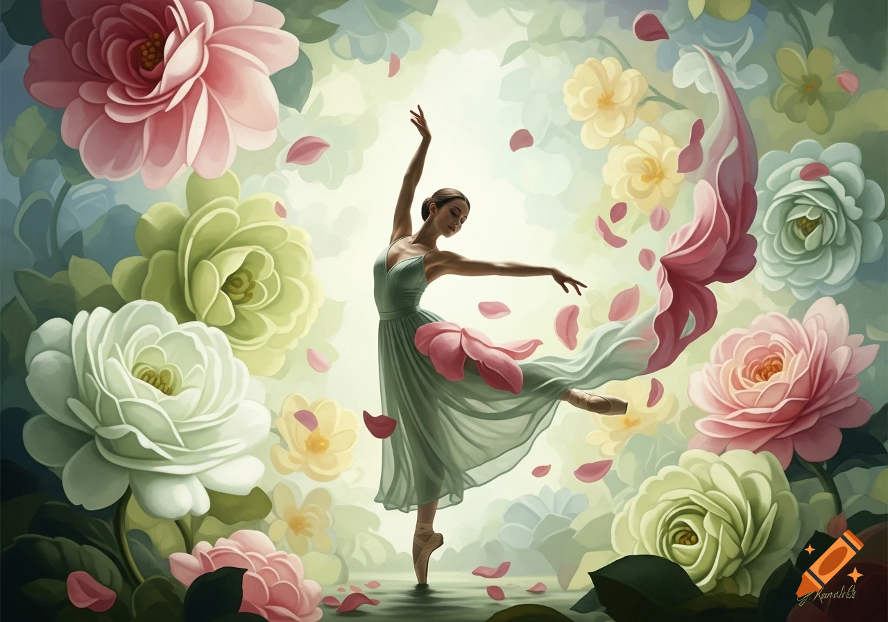 A ballerina in a green dress dances amidst large pastel pink, green, and white flowers with falling petals in a painterly style.