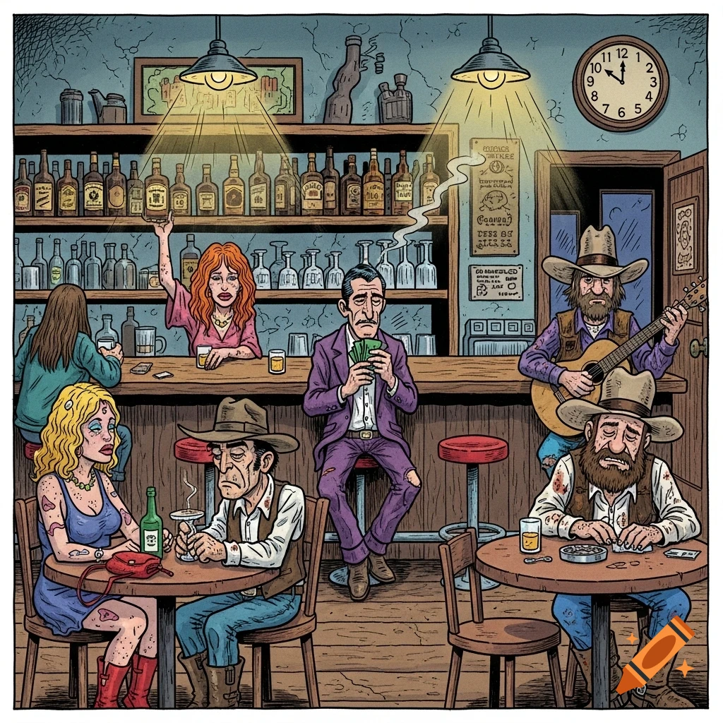 A cartoon-style illustration of a grimy bar interior with several patrons: a bartender, a man counting money, a woman drinking, two cowboys, and a guitarist.