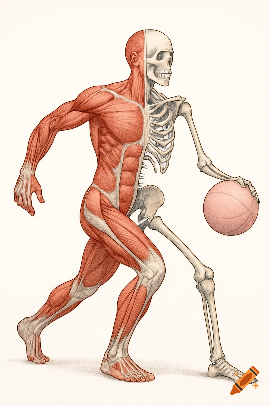 Detailed anatomical illustration of a person, half muscle and half skeleton, in a dynamic pose dribbling a pastel pink basketball.
