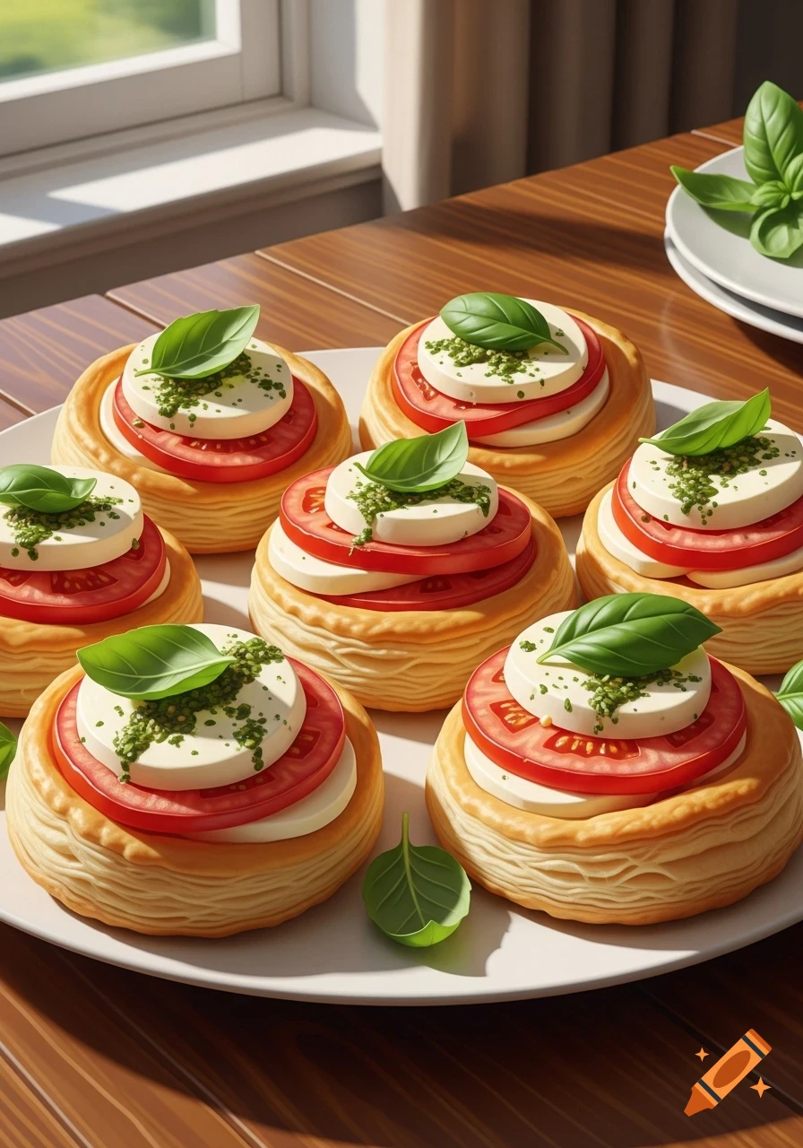 Several caprese puff pastries with tomato, mozzarella, pesto, and basil leaves on a plate, on a wooden table by a window.