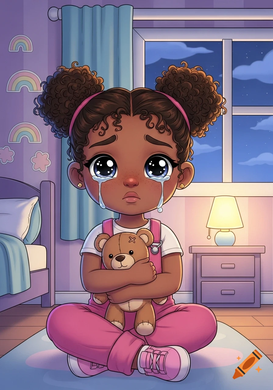 Cartoon of a young Black girl with curly hair, sitting on a rug and crying while hugging a teddy bear in a bedroom at night.