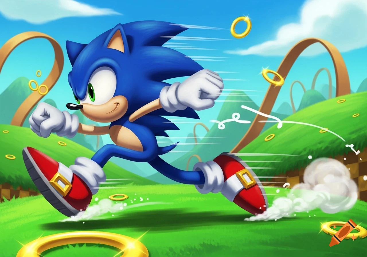 Sonic the Hedgehog runs rapidly across a green, hilly landscape with golden rings scattered around and a blue sky.
