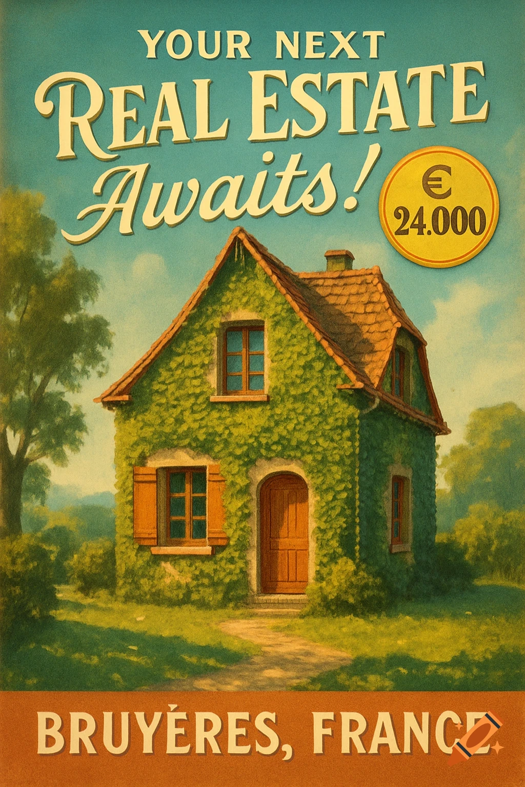 Vintage real estate poster illustrating a green ivy-covered house in a sunny landscape with text 'YOUR NEXT REAL ESTATE Awaits! Awaits! € 24.000 BRUYÈRES, FRANCE'.