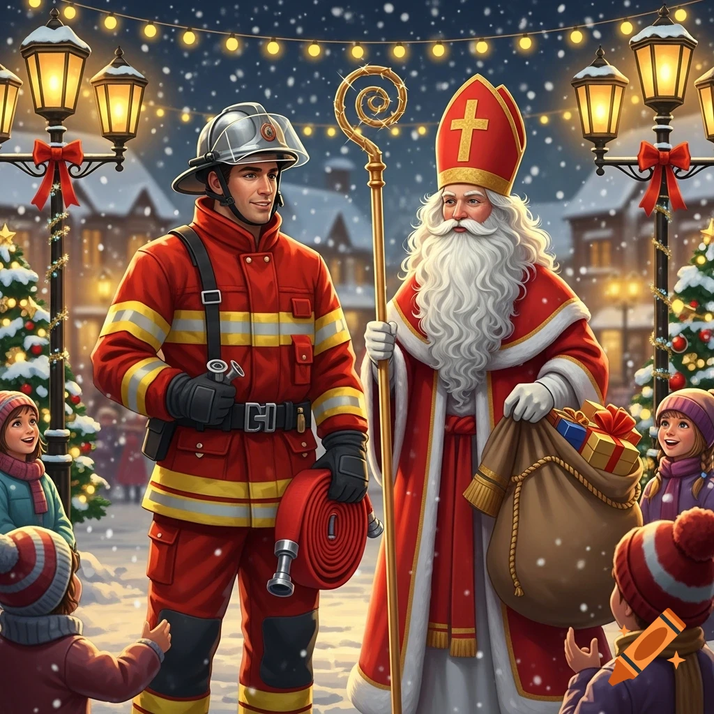 A firefighter and Santa Claus stand with children in a snowy, festive town square, adorned with Christmas lights and trees.