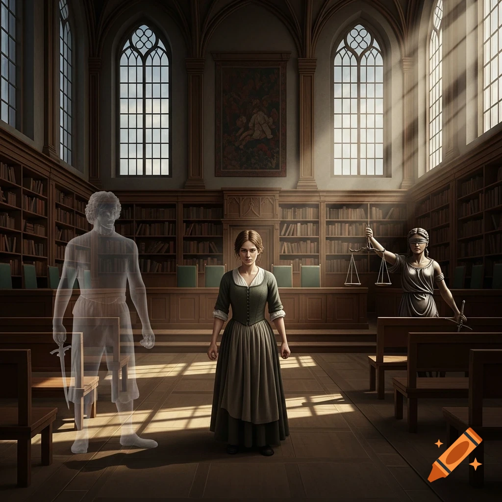 A woman in a historical dress stands in a grand courtroom, looking forward. A translucent male ghost is to her left, and a blindfolded Lady Justice statue with scales and a sword is on her right.