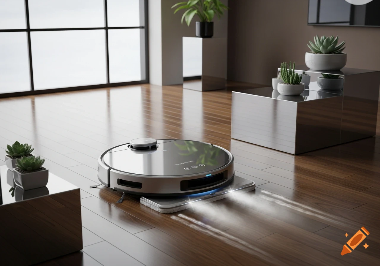 A silver and black robot vacuum cleaner with a built-in mop cleaning a wooden floor in a modern room with large windows.