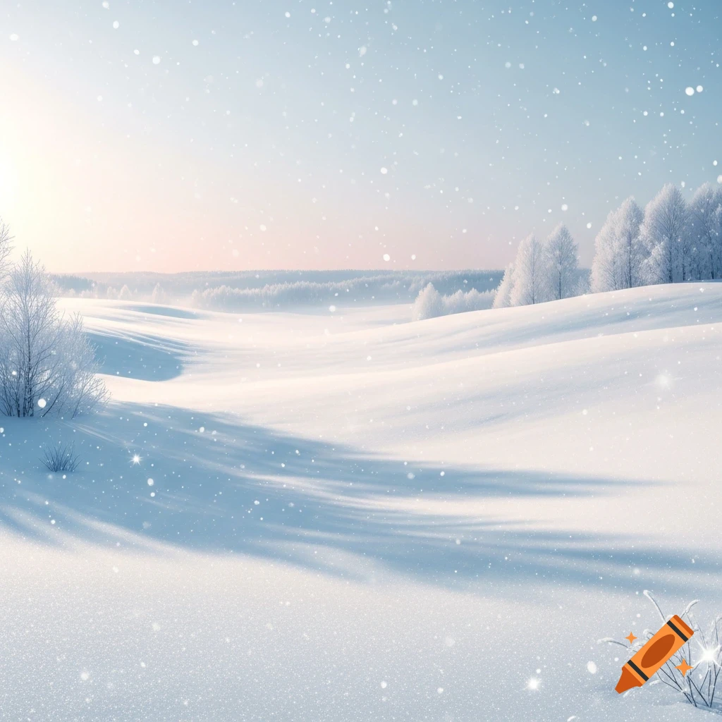 A serene snowy winter landscape with rolling hills, frosty trees, and falling snowflakes under soft sunlight.
