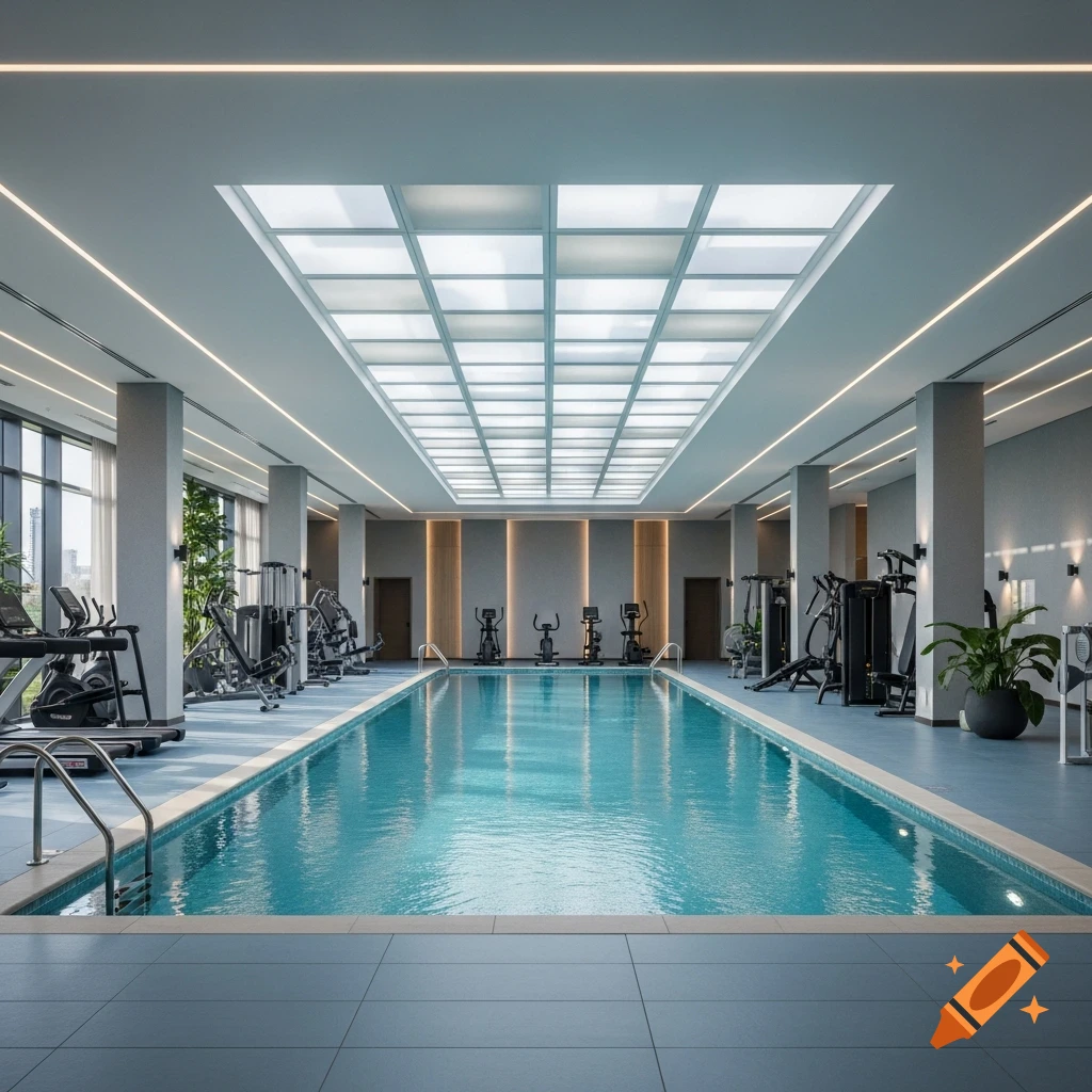 A modern, well-lit indoor gym featuring a large swimming pool in the center, surrounded by various exercise machines.