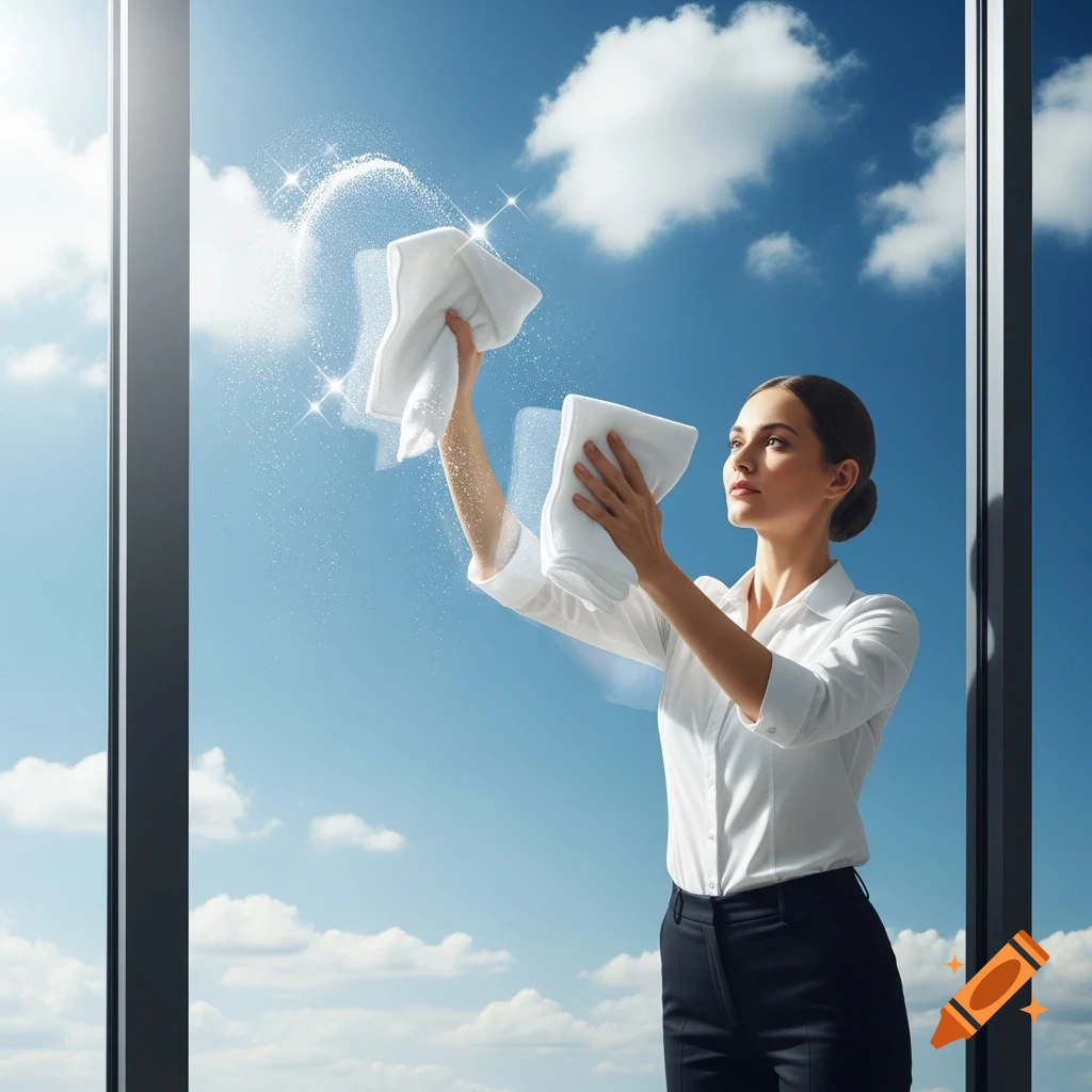 A professionally dressed woman cleans a large window, holding white cloths, with a clear blue sky and clouds visible outside.