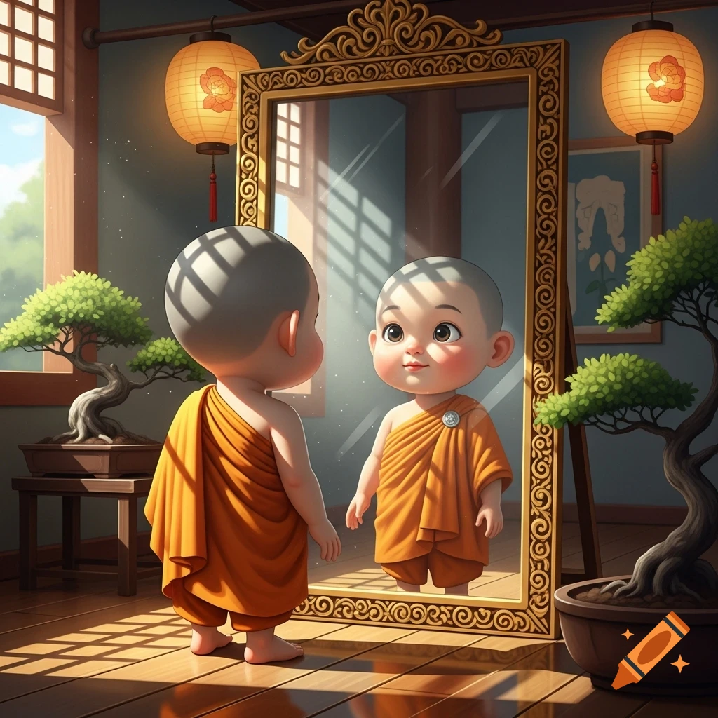 A cute cartoon monk stands barefoot in front of a golden mirror in a peaceful, sunlit room with bonsai trees and lanterns.