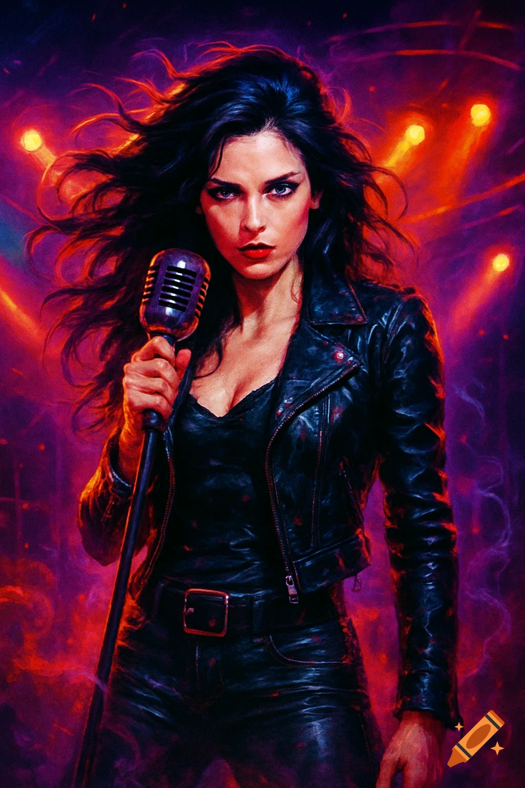 Dark-haired female rock singer in a leather jacket holding a vintage microphone on a stage with vibrant red and purple lights, digital art.