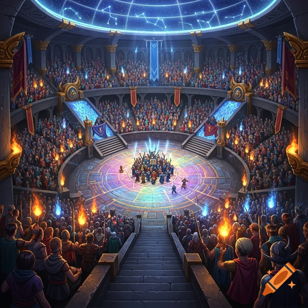 A grand fantasy arena packed with a torch-bearing crowd, observing a central group of figures on a glowing platform under a starry dome.