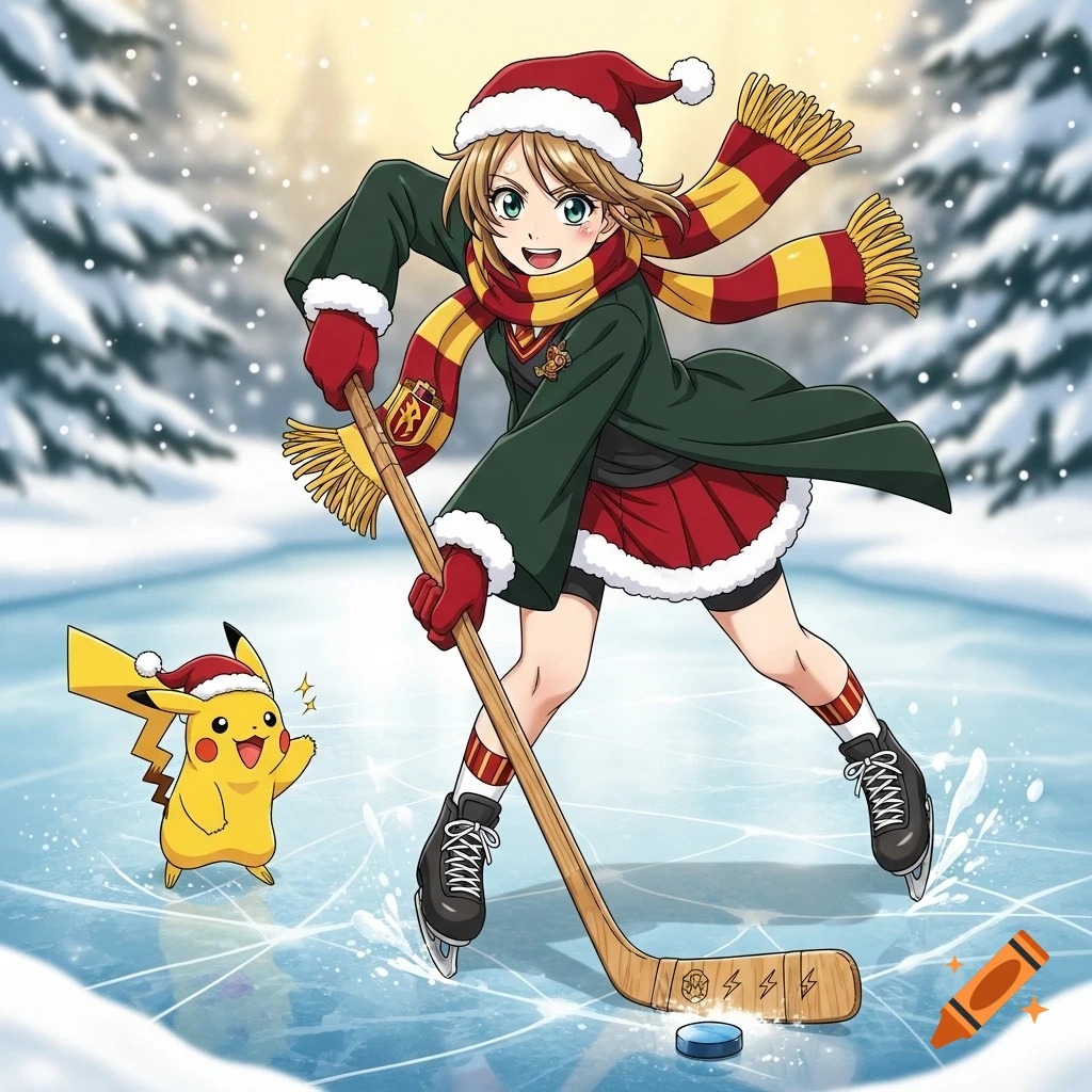 An anime girl in a Santa hat, green coat, and Hogwarts-colored scarf ice skates while playing hockey, with a Pikachu in a Santa hat nearby.
