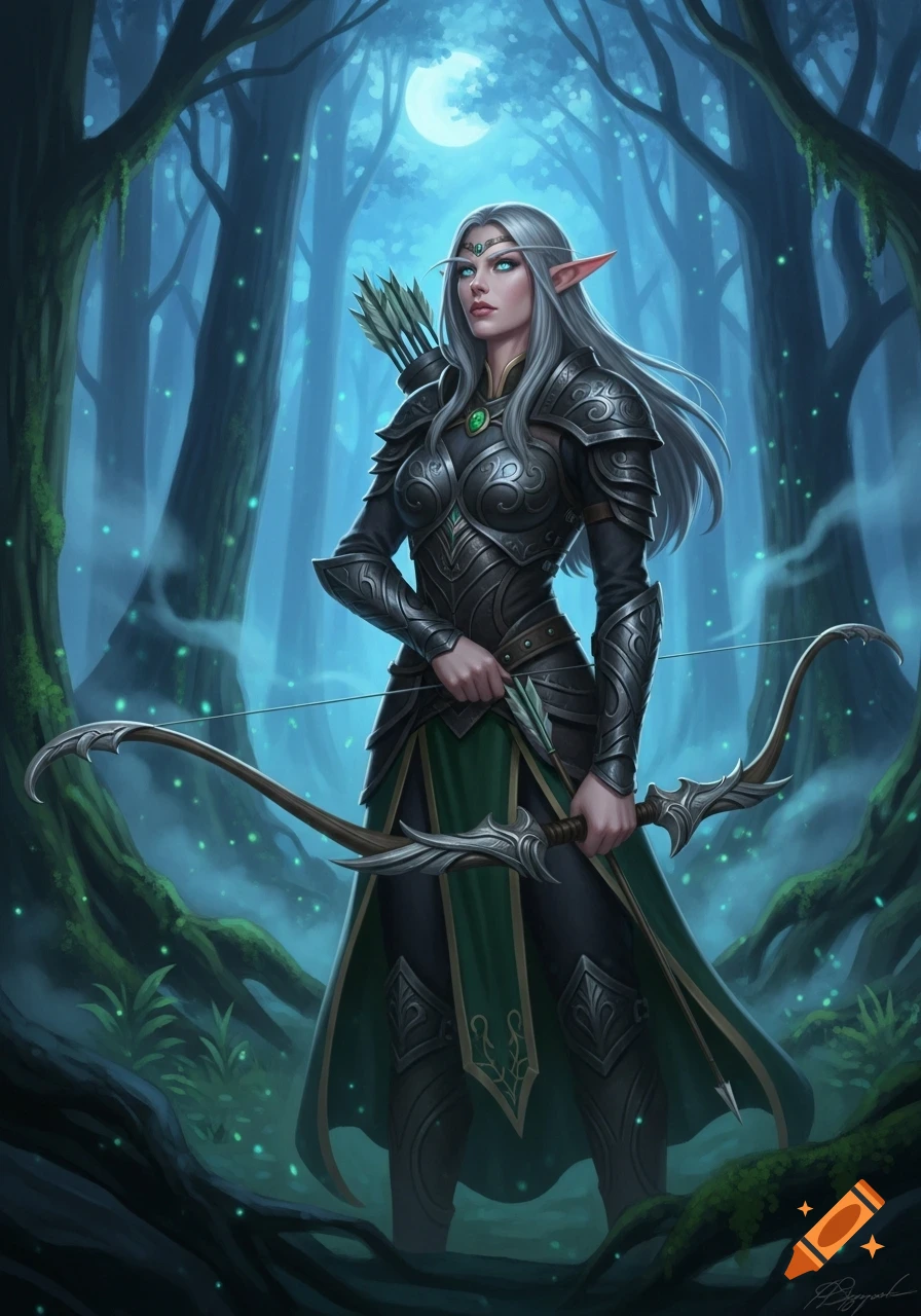 A female elf warrior with long silver hair and blue eyes, wearing elaborate dark armor and holding a bow and arrow, stands in a mystical forest under a full moon.